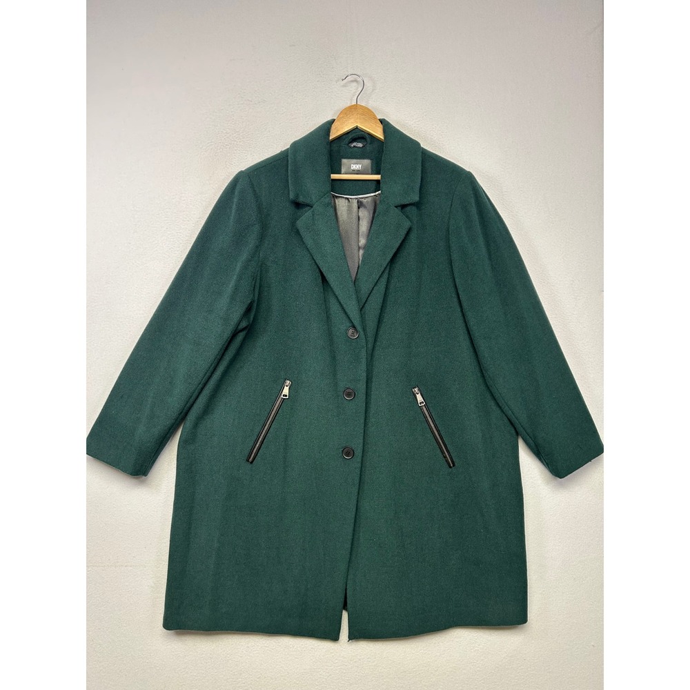 Classic Modern DKNY Women XL Green Wool Blend Zipper Pocket Pea Coat Overcoat